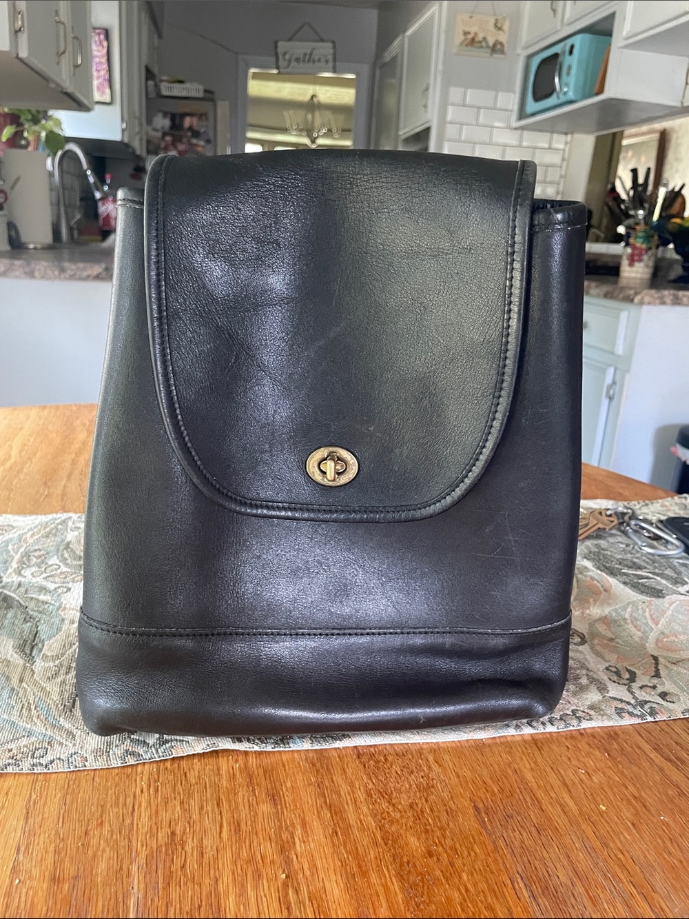 Vintage Coach 9791 Classic Black Leather Backpack with Turn-Lock Closure
